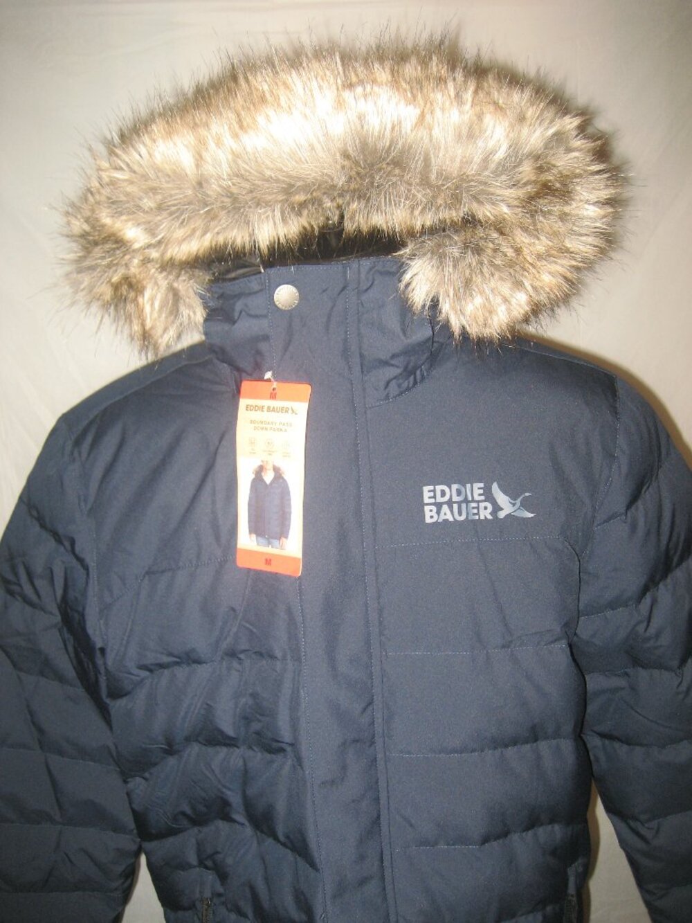 Men's Eddie Bauer Water Resis. Blue Goose Down Faux Fur Hooded Parka Med. NEW